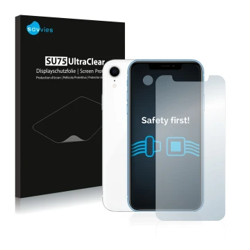 Front side of a product packaging with the brand logo Savvies. Next to it is the device Apple iPhone XR (Front+Camera) shown w