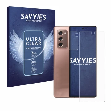 Front side of a product packaging with the brand logo Savvies. Next to it is the device Samsung Galaxy Z Fold 2 5G (Front+Came
