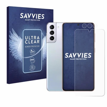 Front side of a product packaging with the brand logo Savvies. Next to it is the device Samsung Galaxy S21 (Front+Camera) show