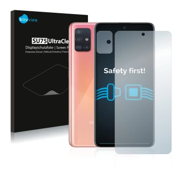 Front side of a product packaging with the brand logo Savvies. Next to it is the device Samsung Galaxy A51 (Front+Camera) show