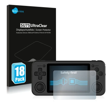 Front side of a product packaging with the brand logo Savvies. Next to it is the device Anbernic RG351P shown with the corresp