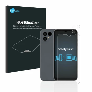 Front side of a product packaging with the brand logo Savvies. Next to it is the device Fairphone 4 (Front+Camera) shown with 