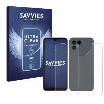 Front side of a product packaging with the brand logo Savvies. Next to it is the device Fairphone 4 (Front+Back) shown with th