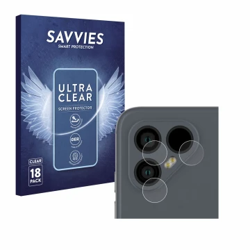Front side of a product packaging with the brand logo Savvies. Next to it is the device Fairphone 4 (ONLY Camera Lens) shown w
