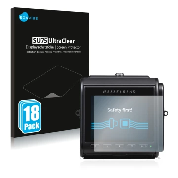 Front side of a product packaging with the brand logo Savvies. Next to it is the device Hasselblad 907X 50C shown with the cor