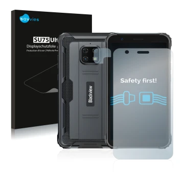 Front side of a product packaging with the brand logo Savvies. Next to it is the device Blackview BV4900S (Front+Camera) shown