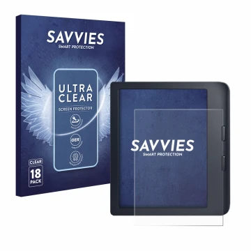 Front side of a product packaging with the brand logo Savvies. Next to it is the device Kobo Libra 2 shown with the correspond