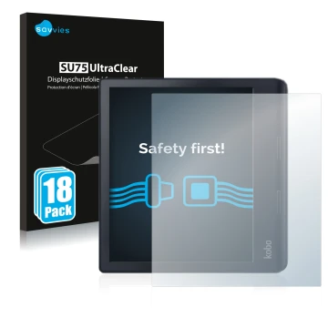 Front side of a product packaging with the brand logo Savvies. Next to it is the device Kobo Sage shown with the corresponding