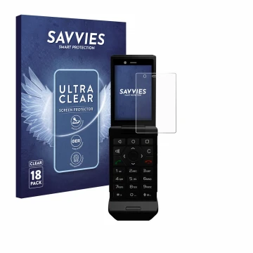 Front side of a product packaging with the brand logo Savvies. Next to it is the device Caterpillar Cat S22 Flip shown with th