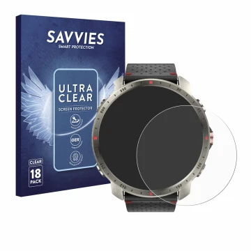 Front side of a product packaging with the brand logo Savvies. Next to it is the device Polar Grit X Pro Titan shown with the 