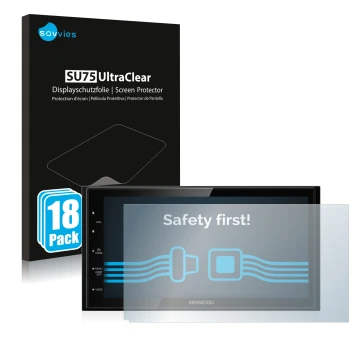 Front side of a product packaging with the brand logo Savvies. Next to it is the device Kenwood DMX5020DABS shown with the cor