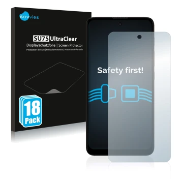 Front side of a product packaging with the brand logo Savvies. Next to it is the device Motorola Moto E40 shown with the corre