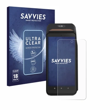 Front side of a product packaging with the brand logo Savvies. Next to it is the device ingenico Axium DX8000 shown with the c