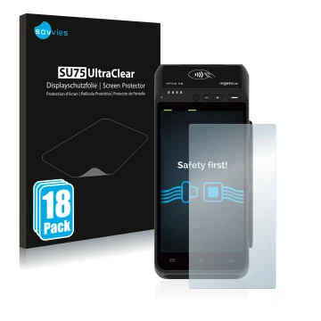 Front side of a product packaging with the brand logo Savvies. Next to it is the device ingenico Apos A8 shown with the corres