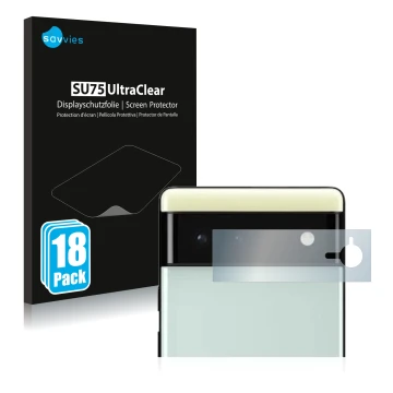 Front side of a product packaging with the brand logo Savvies. Next to it is the device Google Pixel 6 (ONLY Camera Lens) show