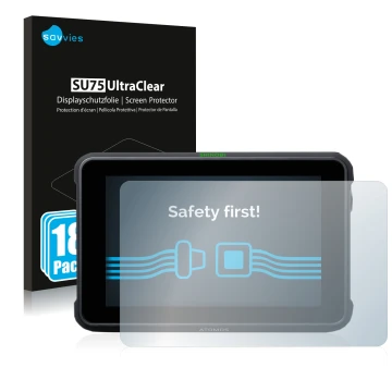 Front side of a product packaging with the brand logo Savvies. Next to it is the device Atomos Shinobi 7 shown with the corres