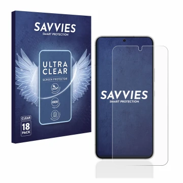 Front side of a product packaging with the brand logo Savvies. Next to it is the device Samsung Galaxy S22 5G shown with the c