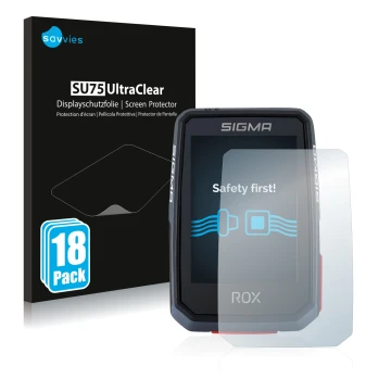 Front side of a product packaging with the brand logo Savvies. Next to it is the device Sigma ROX 2.0 shown with the correspon