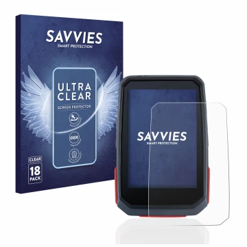 Front side of a product packaging with the brand logo Savvies. Next to it is the device Sigma ROX 4.0 shown with the correspon