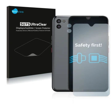 Front side of a product packaging with the brand logo Savvies. Next to it is the device Gigaset GS5 (Front+Camera) shown with 