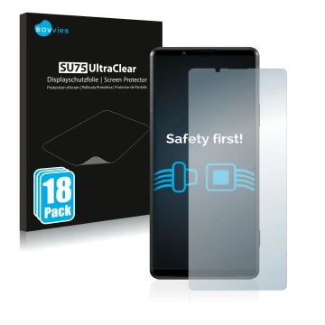 Front side of a product packaging with the brand logo Savvies. Next to it is the device Sony Xperia Pro-I shown with the corre