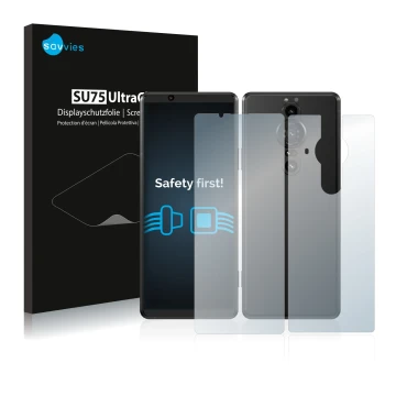 Front side of a product packaging with the brand logo Savvies. Next to it is the device Sony Xperia Pro-I (Front+Back) shown w