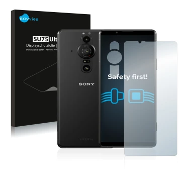 Front side of a product packaging with the brand logo Savvies. Next to it is the device Sony Xperia Pro-I (Front+Camera) shown