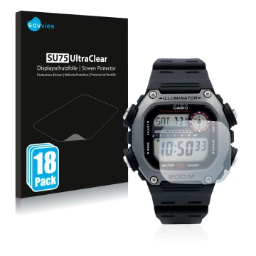 Front side of a product packaging with the brand logo Savvies. Next to it is the device Casio DW-291H shown with the correspon