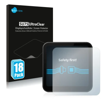 Front side of a product packaging with the brand logo Savvies. Next to it is the device DJI Action 2 shown with the correspond