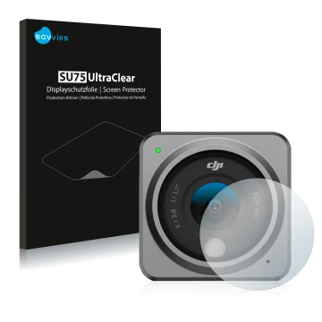 Front side of a product packaging with the brand logo Savvies. Next to it is the device DJI Action 2 Lens (housing) shown with