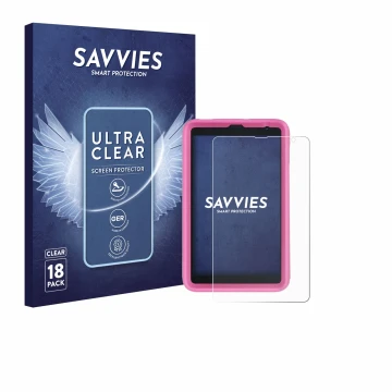 Front side of a product packaging with the brand logo Savvies. Next to it is the device Blackview Tab 6 Kids shown with the co