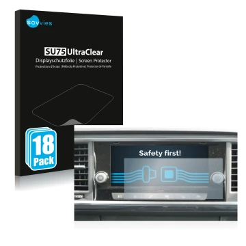 Front side of a product packaging with the brand logo Savvies. Next to it is the device Seat Ateca 2021 Media System 8.25