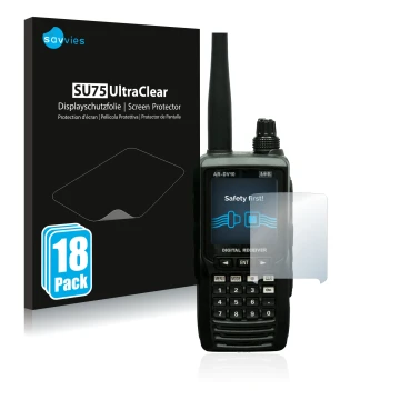 Front side of a product packaging with the brand logo Savvies. Next to it is the device Aor AR-DV10 shown with the correspondi