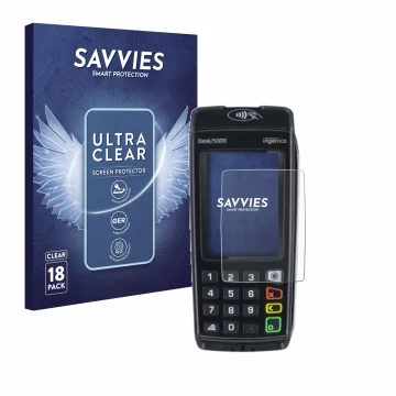 Front side of a product packaging with the brand logo Savvies. Next to it is the device ingenico Desk/5000 shown with the corr