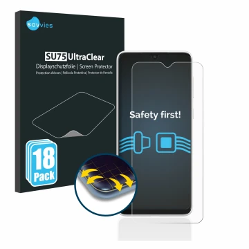 Front side of a product packaging with the brand logo Savvies. Next to it is the device Samsung Galaxy A03 shown with the corr