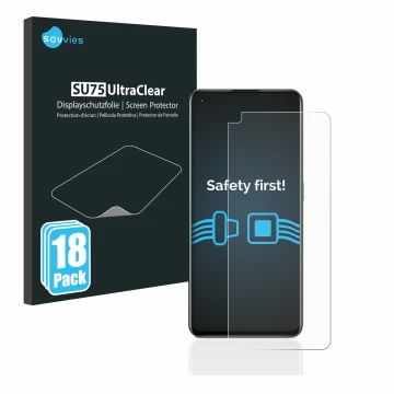 Front side of a product packaging with the brand logo Savvies. Next to it is the device realme GT 2 Pro shown with the corresp