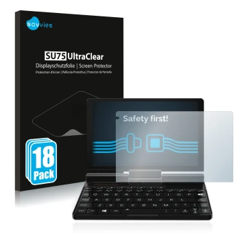 Front side of a product packaging with the brand logo Savvies. Next to it is the device GPD Pocket 3 shown with the correspond