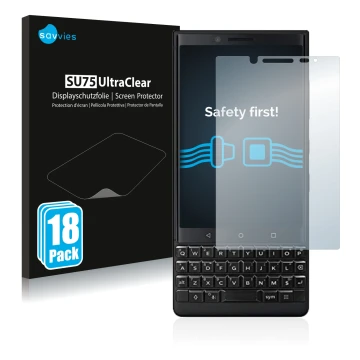 Front side of a product packaging with the brand logo Savvies. Next to it is the device BlackBerry Key2 (Dual Sim) shown with 
