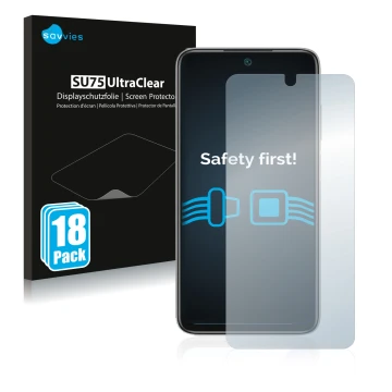 Front side of a product packaging with the brand logo Savvies. Next to it is the device Xiaomi Redmi Note 11 4G shown with the
