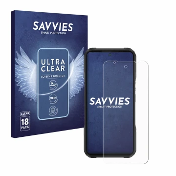 Front side of a product packaging with the brand logo Savvies. Next to it is the device Doogee V20 shown with the correspondin