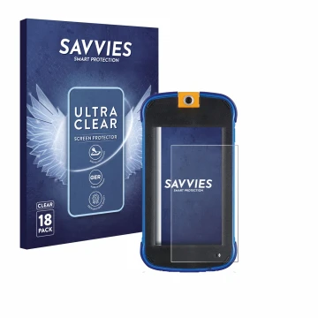 Front side of a product packaging with the brand logo Savvies. Next to it is the device Vtech Kidicom Max 3.0 shown with the c