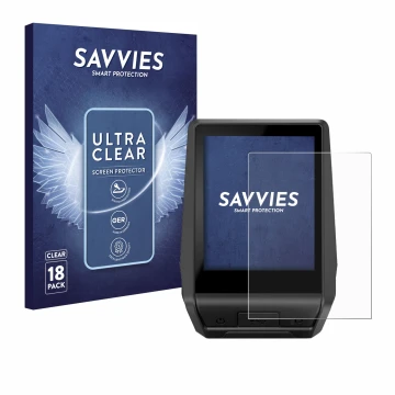 Front side of a product packaging with the brand logo Savvies. Next to it is the device Bosch Nyon 2 2021 shown with the corre