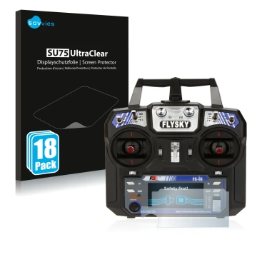 Front side of a product packaging with the brand logo Savvies. Next to it is the device FlySky FS-i6 shown with the correspond