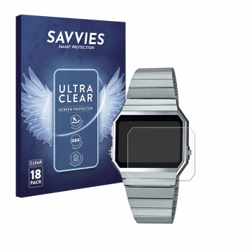 Front side of a product packaging with the brand logo Savvies. Next to it is the device Casio A700WE shown with the correspond