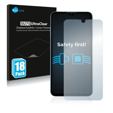 Front side of a product packaging with the brand logo Savvies. Next to it is the device ZTE Blade A71 shown with the correspon