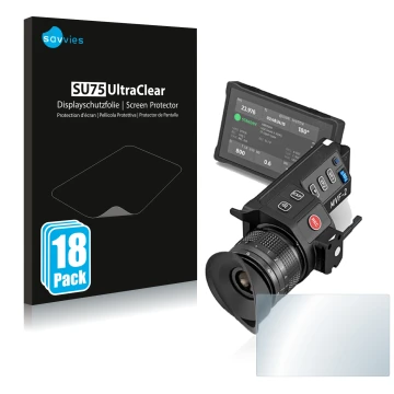 Front side of a product packaging with the brand logo Savvies. Next to it is the device Arri MVF-2 shown with the correspondin