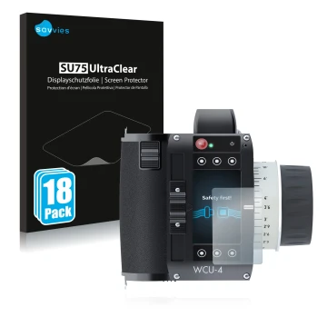 Front side of a product packaging with the brand logo Savvies. Next to it is the device Arri WCU-4 shown with the correspondin