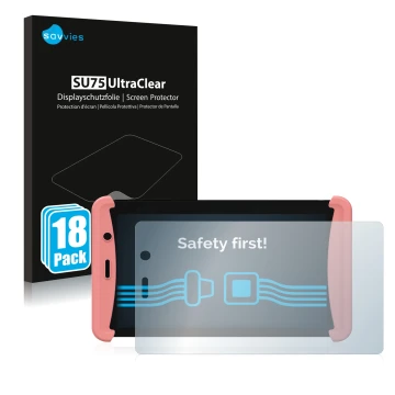 Front side of a product packaging with the brand logo Savvies. Next to it is the device Kurio Tab Lite 2 shown with the corres