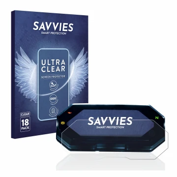 Front side of a product packaging with the brand logo Savvies. Next to it is the device Yamaha MT-07 2021 shown with the corre