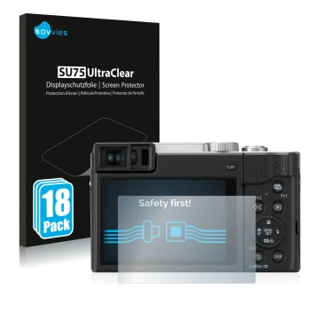 Front side of a product packaging with the brand logo Savvies. Next to it is the device Panasonic Lumix DC-TZ95 shown with the